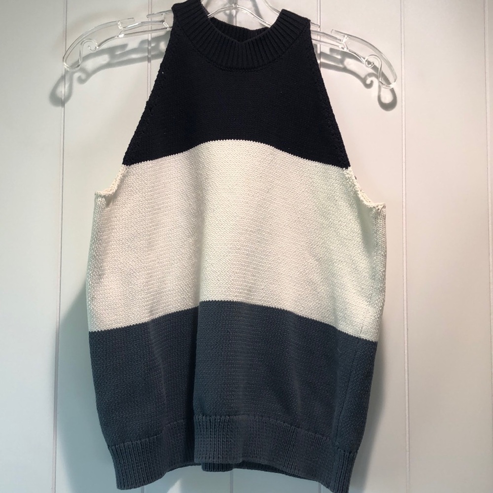 Ann Taylor sleeveless knit cotton halter top navy cream and grey green stripe LP